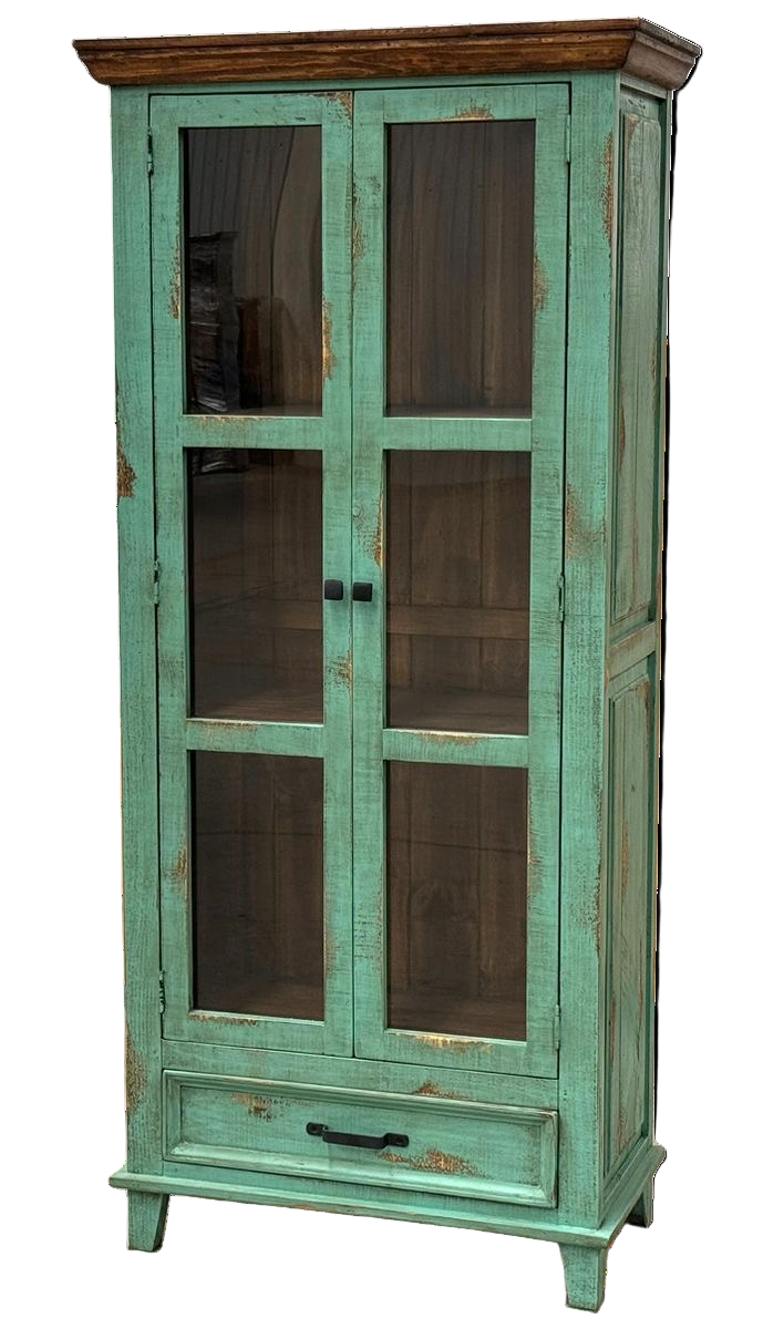 Vintage-style turquoise cabinet with glass doors on a white background