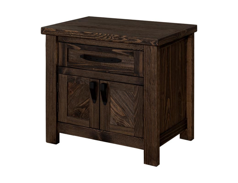 A rustic style brown nightstand with a drawer and two cabinet doors, featuring metal pulls.