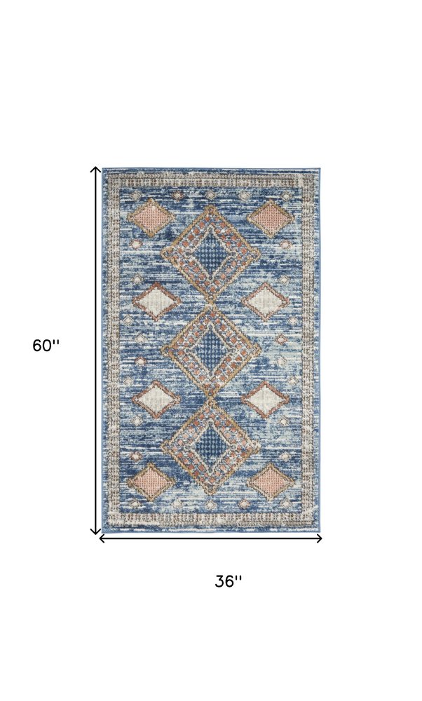 3' X 5' Blue Southwestern Power Loom Non Skid Area Rug