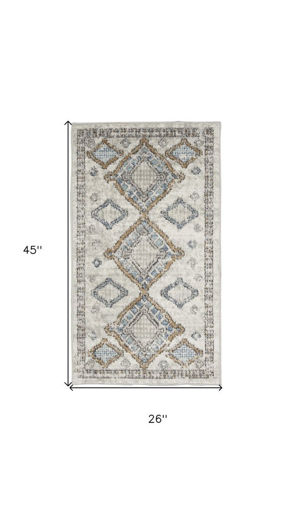 2' X 4' Ivory Grey And Blue Southwestern Power Loom Non Skid Area Rug