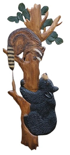 Bear and Raccoon on a Tree Branch Wood Wall Art