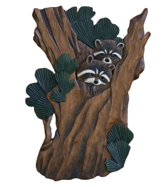 Raccoons in Tree Wood Wall Art