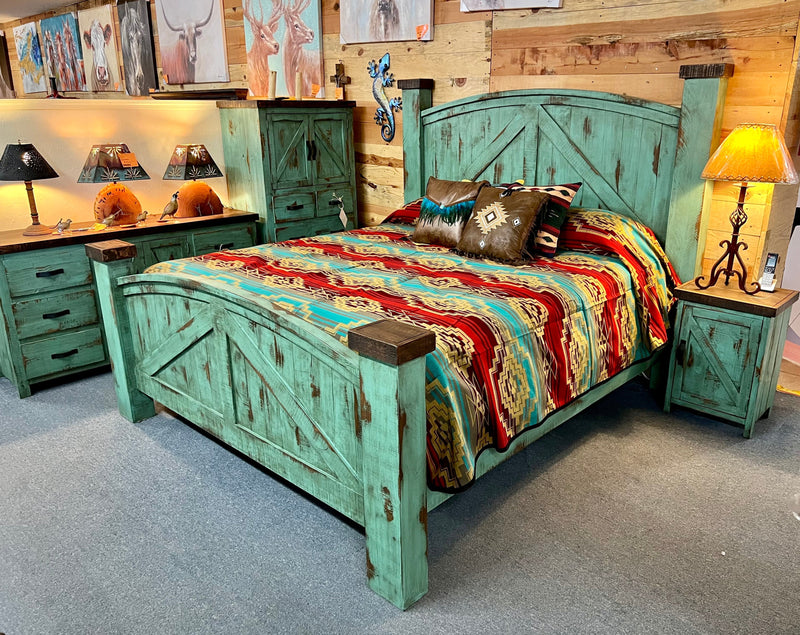 Rustic Barn Bedroom Set in Oldie Turquoise 5Pcs