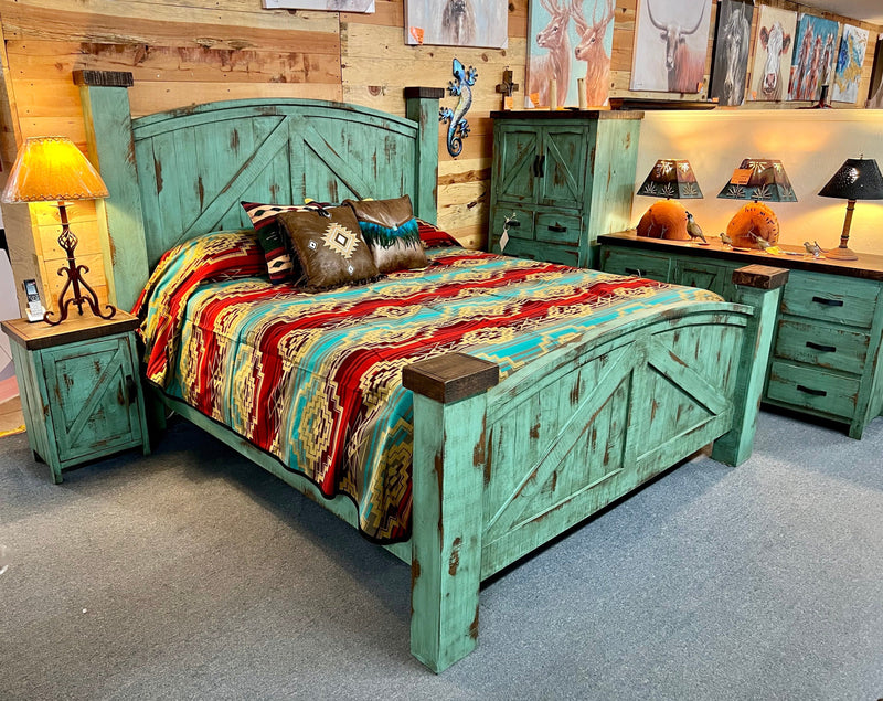 Rustic Barn Bedroom Set in Oldie Turquoise 5Pcs
