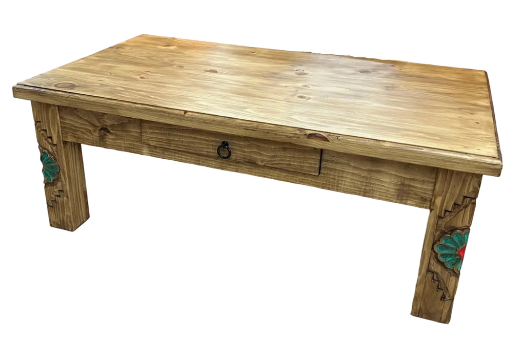 Solid Wood Rustic Coffee table with Rosetta carving on the legs painted in green and red.