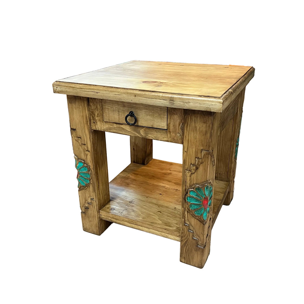 Wooden Rustic side table with Rosetta carving on its legs in green and red color