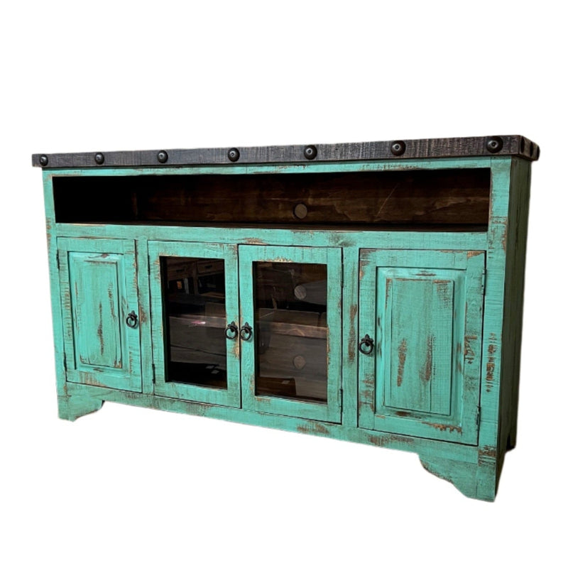 Vintage-style wooden entertainment console with distressed turquoise finish in a room setting.