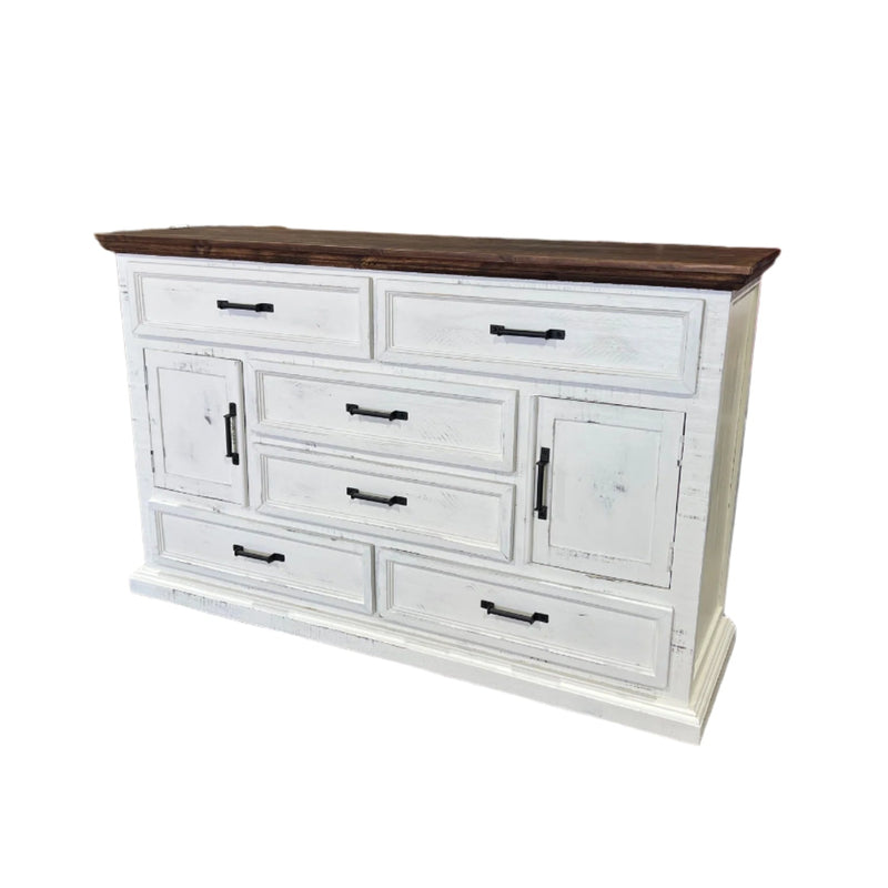 White dresser with dark wood top on a white background