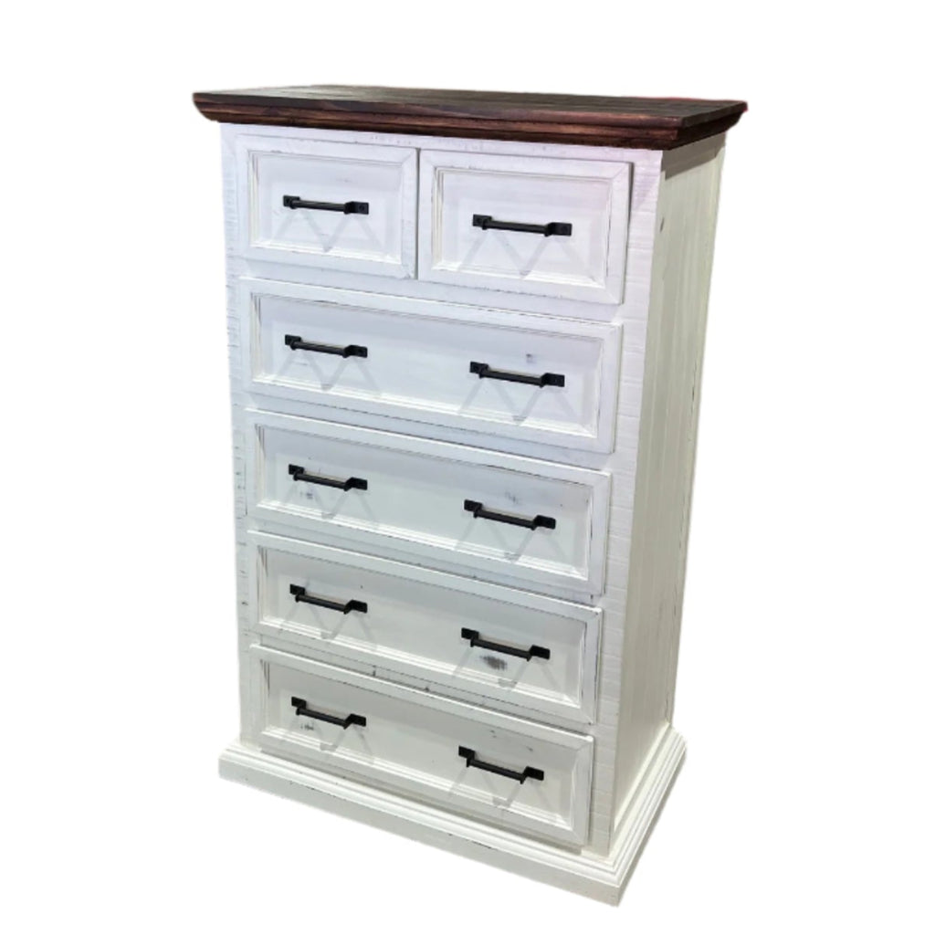 White dresser with multiple drawers and a dark brown top on a white background