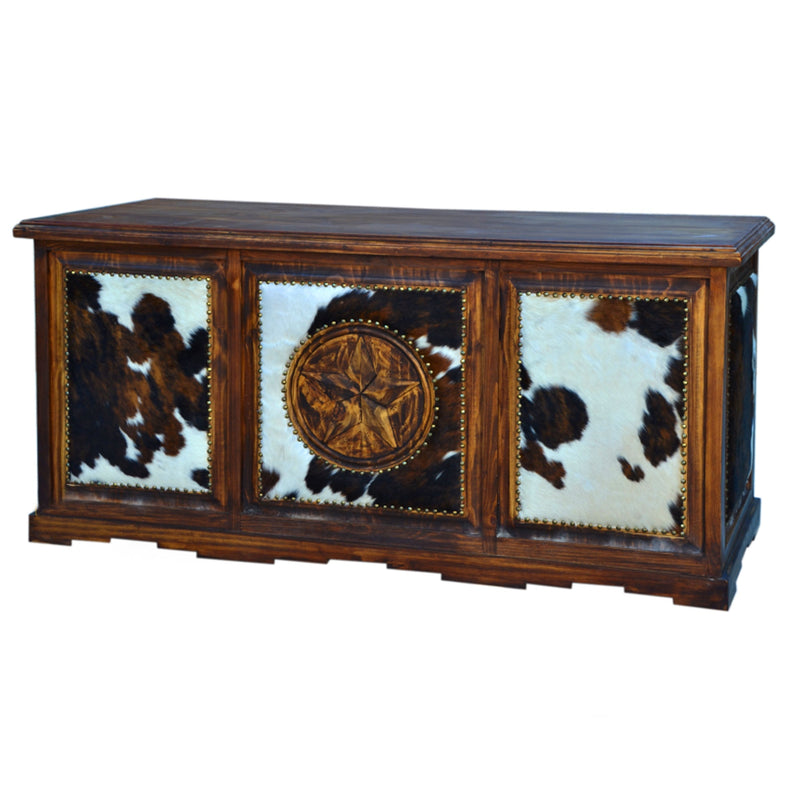 Taos Executive Western Desk with Cowhide and Carved Star in Dark Wax