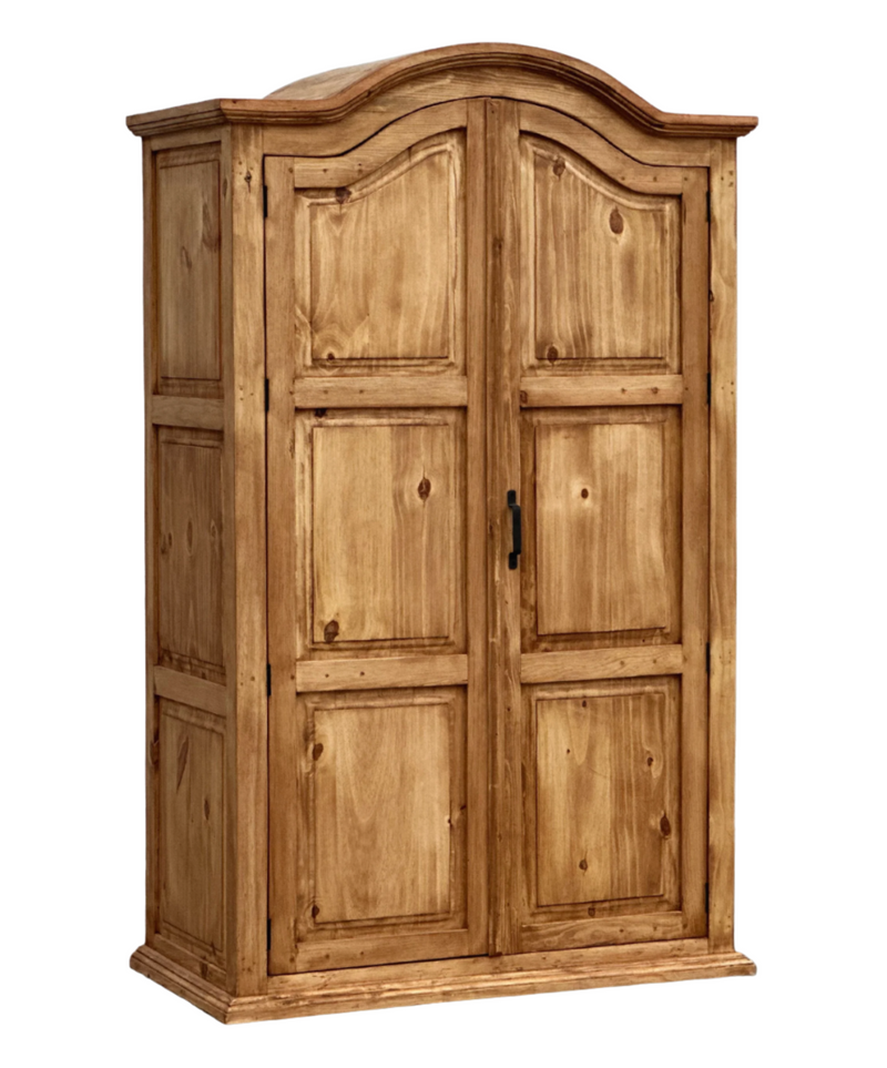 A rustic brown armoire made of pine wood with metal hinges and pulls, featuring a traditional design with two large doors and a curved top.