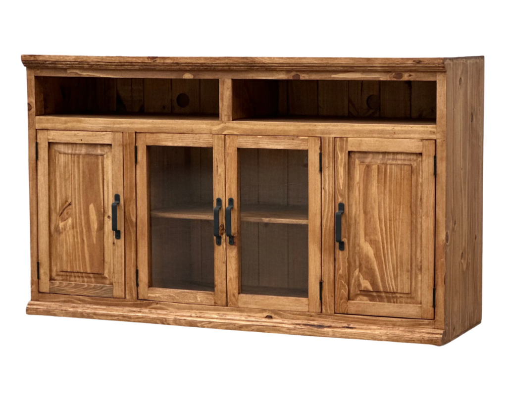 A rustic brown pine wood TV stand with metal hinges and glass doors, featuring two top compartments and two side cabinets with doors.