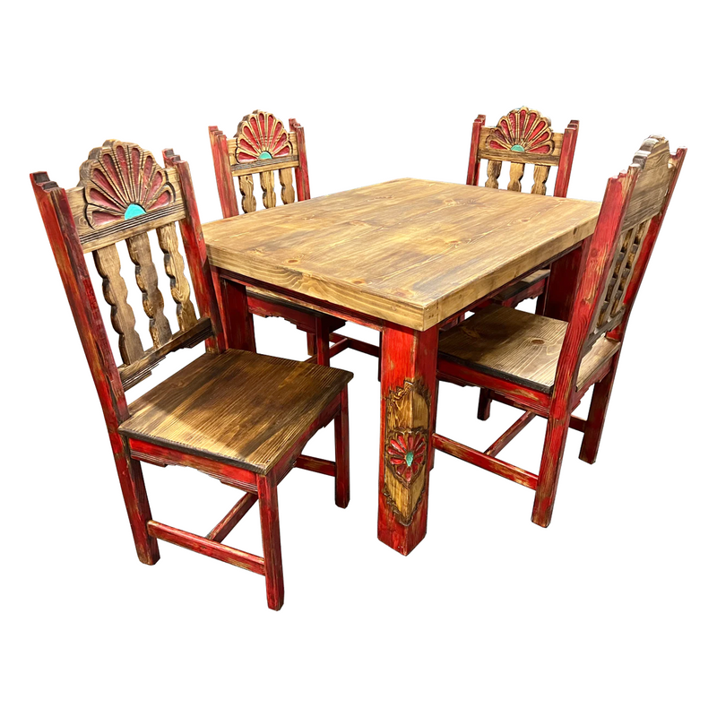 A red and brown solid wood rustic dining set consisting of a 4-foot table with carved legs and a wooden tabletop, accompanied by four matching chairs with carved backrests.
