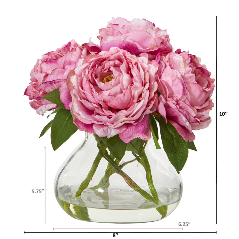 10” Peony Artificial Arrangement in Clear Glass Vase