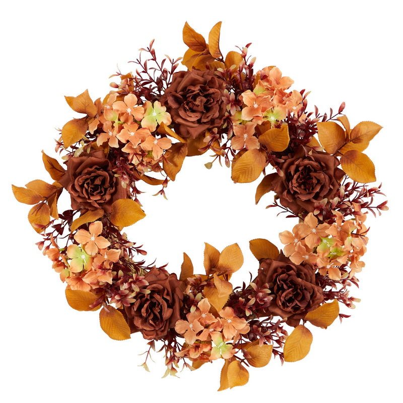 20” Autumn Rose and Hydrangea Fall Artificial Wreath