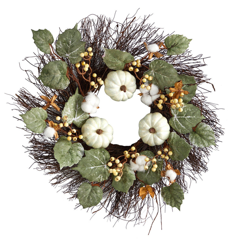 22” Autumn Green Pumpkin, Cotton and Berries Artificial Fall Wreath