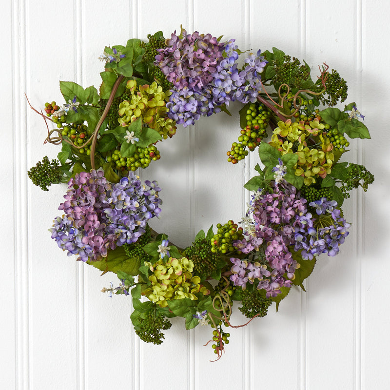 24" Mixed Hydrangea Wreath" by Nearly Natural