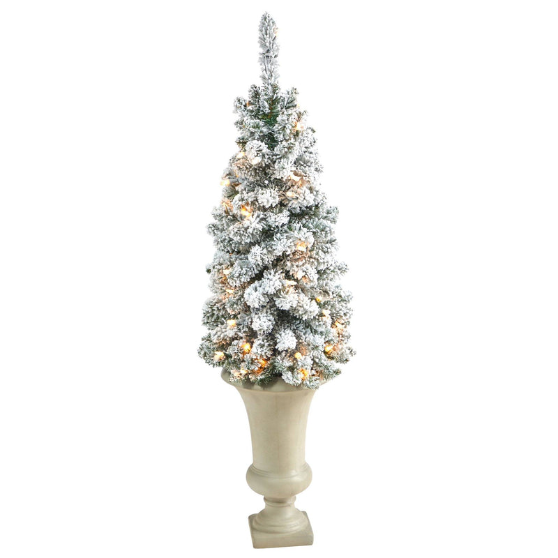 3.5’ Flocked Pencil Artificial Christmas Tree with 50 Clear Lights and 132 Bendable Branches in Sand Colored Urn