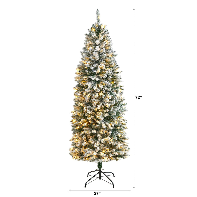 6’ Slim Flocked Montreal Fir Artificial Christmas Tree with 250 White LED Lights and 743 Branches by Nearly Natural