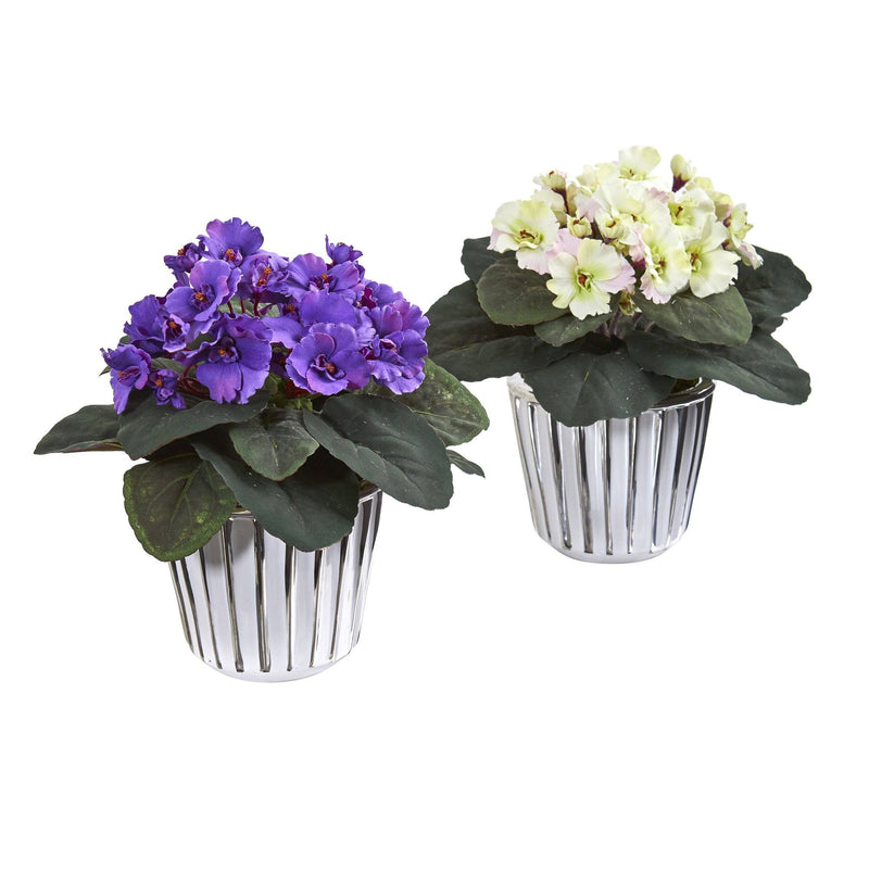 9” African Violet Artificial Plant in White Vase (Set of 2) by Nearly Natural