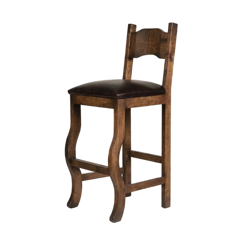 Floresville Solid Pine bar stool with a brown leather cushioned seat in Oldie Toasted Finish