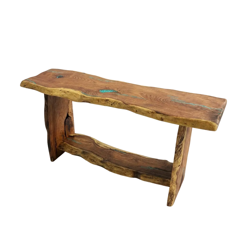 Solid Wood Mesquite Sofa Table with a natural finish and faux turquoise inlay