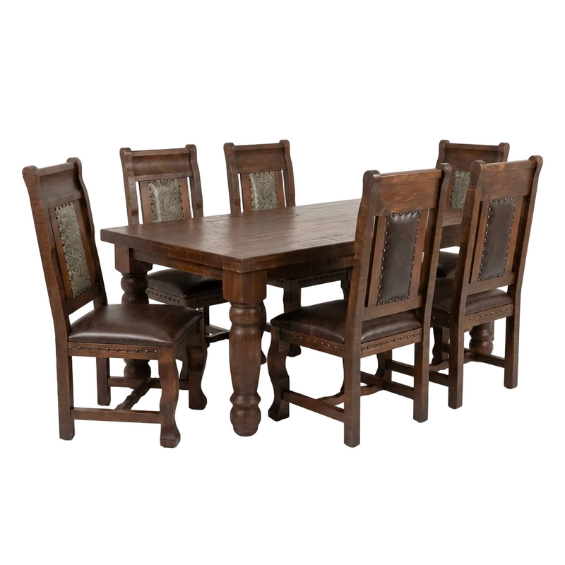 Oasis 6' Dining Table set with 6 Gran Hacienda Tooled Leather Chairs in Chestnut finish