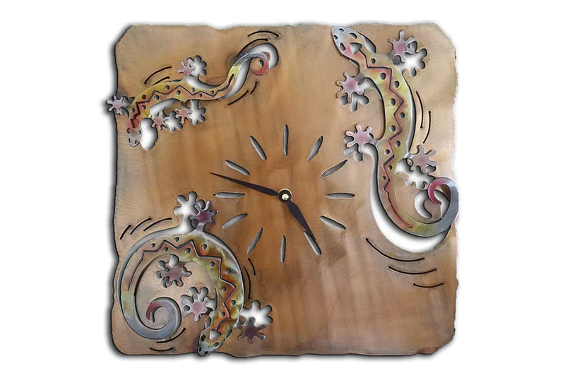 3 Gecko/Lizard, Southwest Cut Out Wall Clock, Sunset Swirl Finish