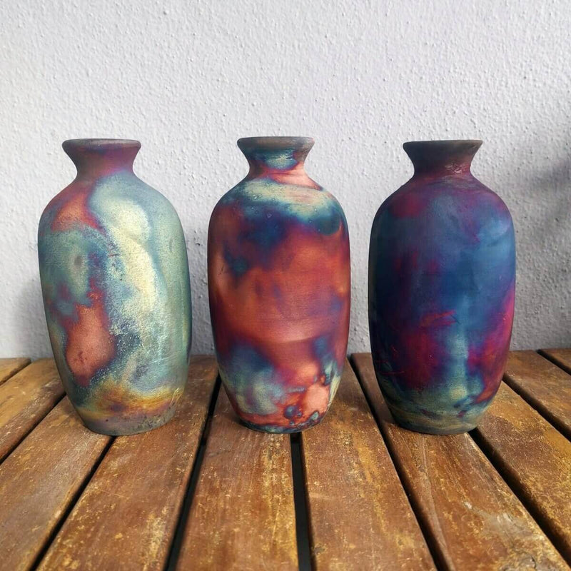 3 Pack Koban Ceramic Raku Vase with Water Tube - RAAQUU Basics handmade pottery home decor by RAAQUU