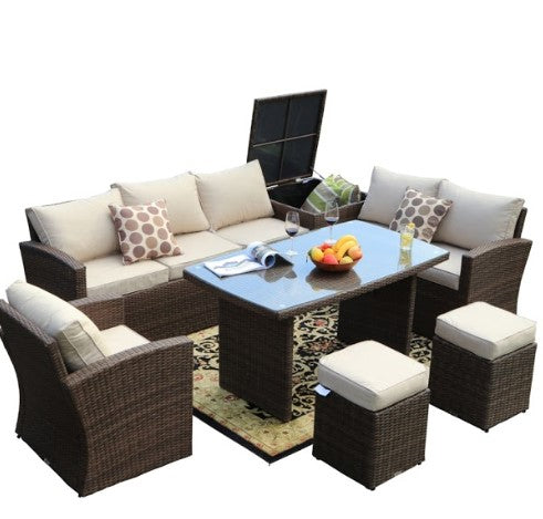 Brown 7 Piece Outdoor Sectional Sofa Set with Ottomans and Storage Box
