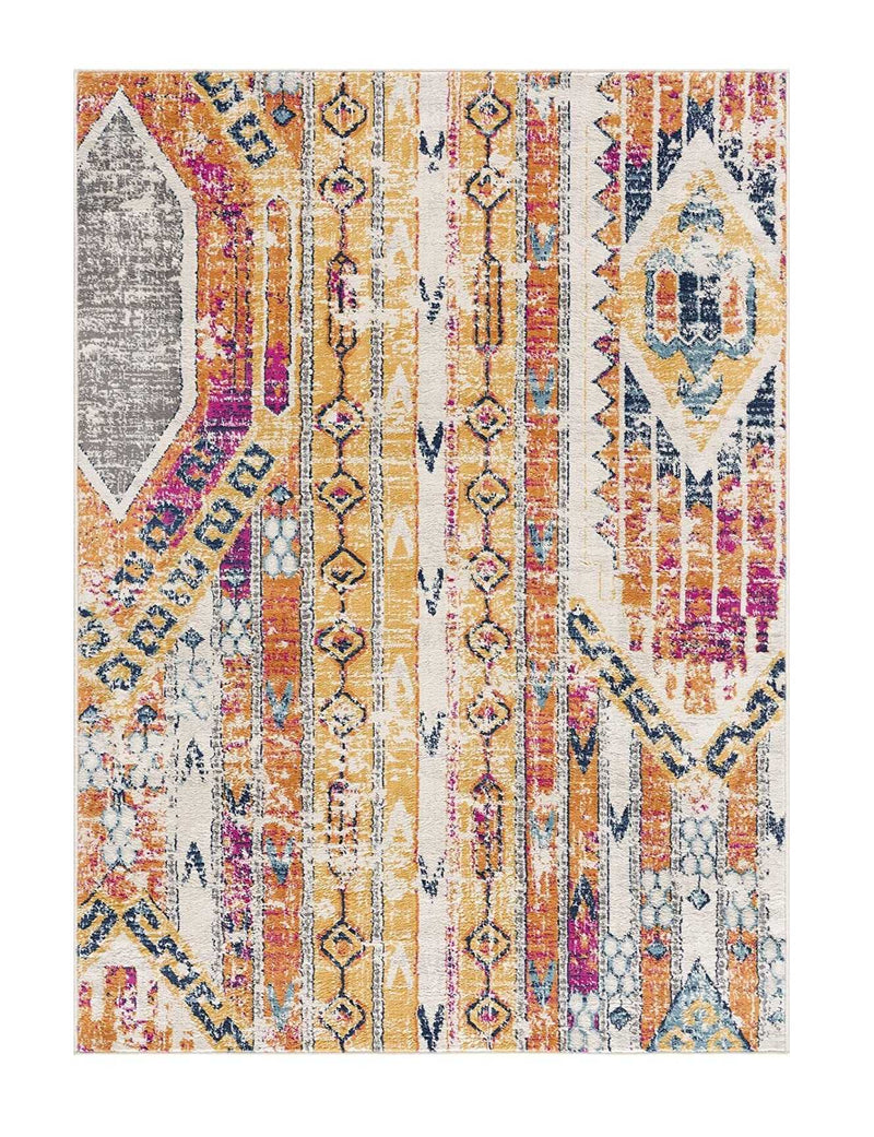 8’ x 11’ Gold and Ivory Distressed Tribal Area Rug