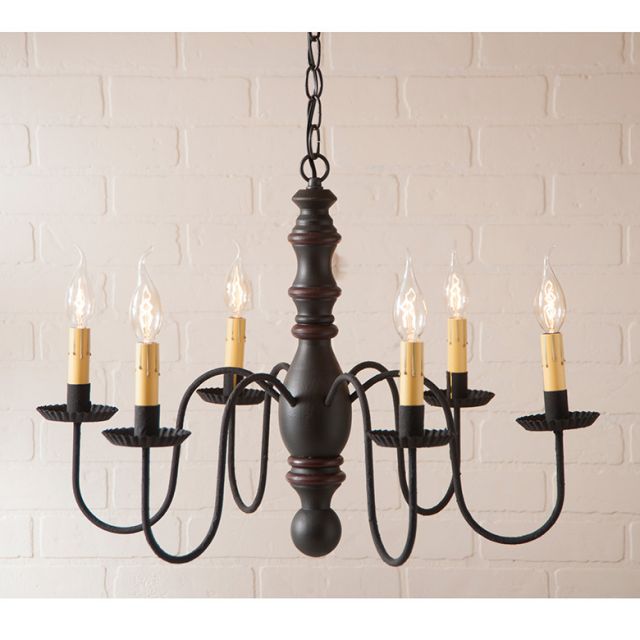 6-Arm Manassas Wood Chandelier in Sturbridge Black with Red Stripe