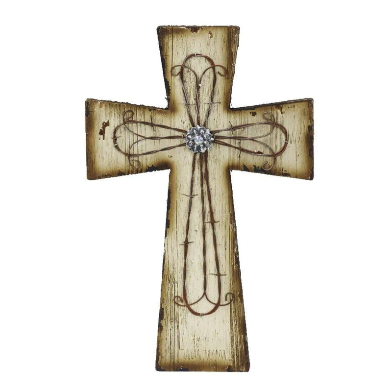 CREAM DISTRESSED WOOD & BARBWIRE CROSS WALL DECOR