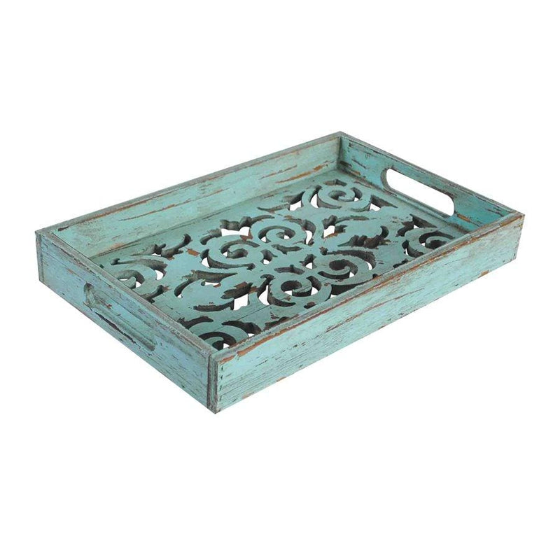DECORATIVE SCROLL CARVED TURQUOISE WOODEN TRAY