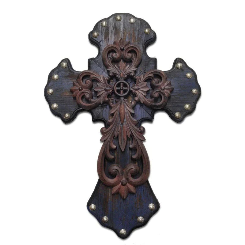DEEP BLUE STUDDED CROSS WALL ART W/ METAL OVERLAY