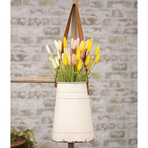 Distressed Cream Metal Wall Bucket with Leather Hanger