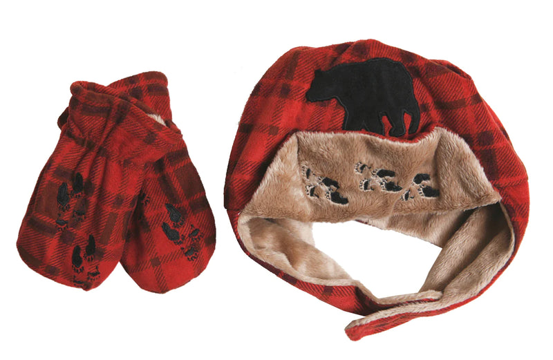 Red Plaid Bear Hat & Mitten Set