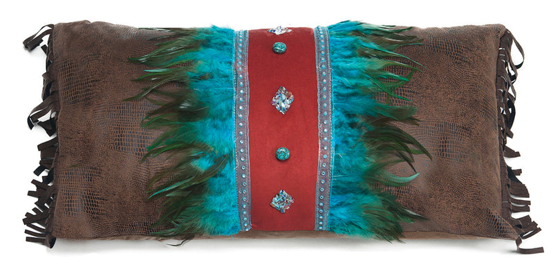 Turquoise Feather and Diamonds Pillow
