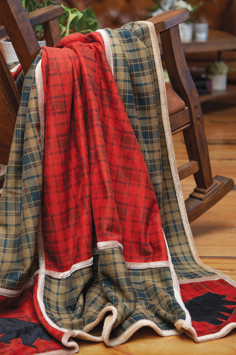 Red Plaid Bear Rustic Cabin Grid Throw Blanket