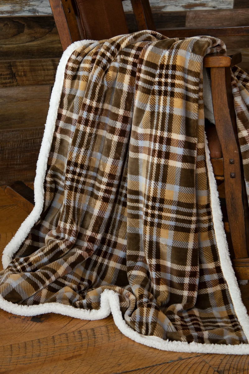 Tan Plaid Sherpa Throw Blanket