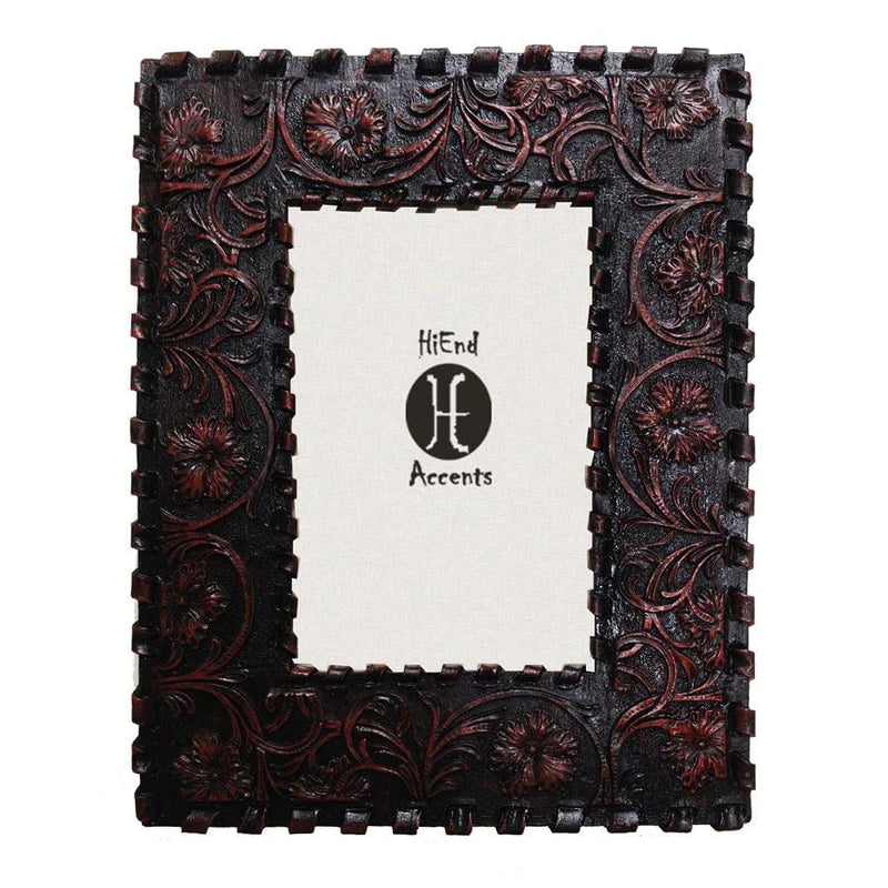 LACED EDGE/TOOLED FAUX LEATHER PICTURE FRAME