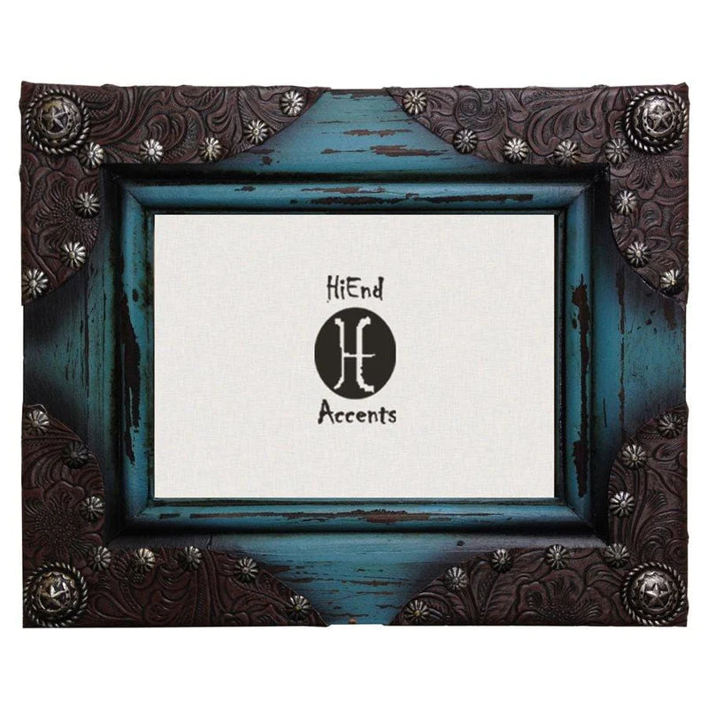 PAINTED DISTRESSED WOOD W/ LEATHER CORNERS PICTURE FRAME