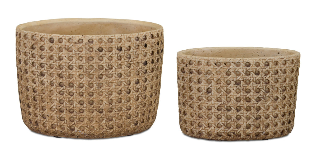 Faux-Rattan Decorative Stone Pots (Set of 2)