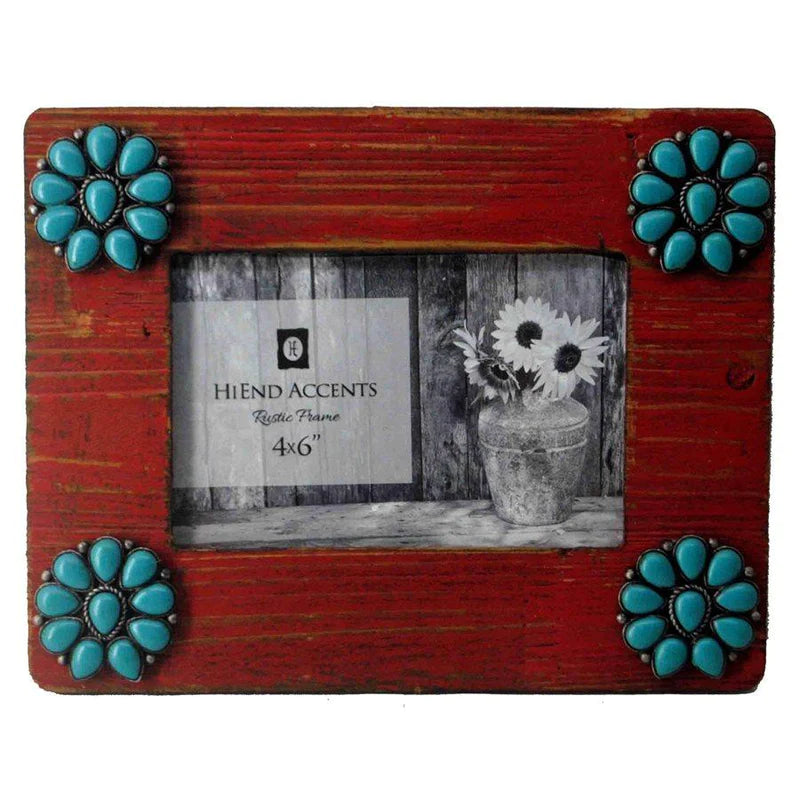 RED PICTURE FRAME W/ TURQUOISE SQUASH BLOSSOM CORNERS