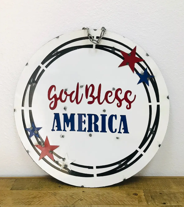 Round Metal Wall Sign God Bless America