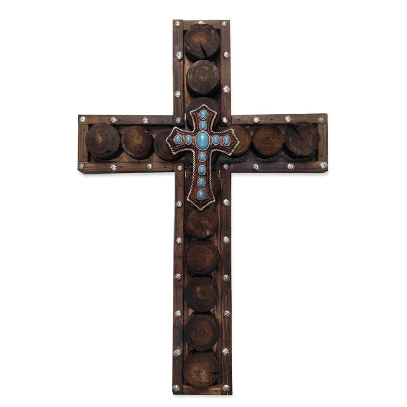STUDDED WOOD & TURQUOISE CROSS WALL DECOR