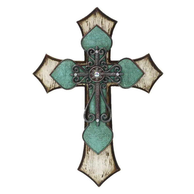 TRIPLE-LAYER TURQUOISE CROSS WALL DECOR W/ METAL SCROLLWORK