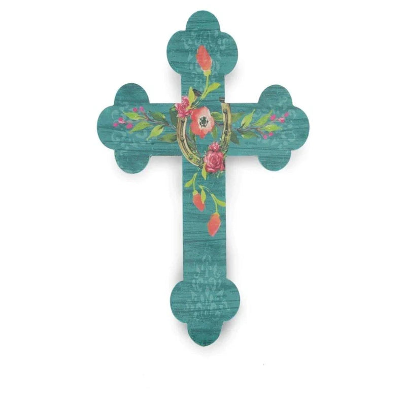 TURQUOISE FLORAL HORSESHOE CROSS WALL DECOR