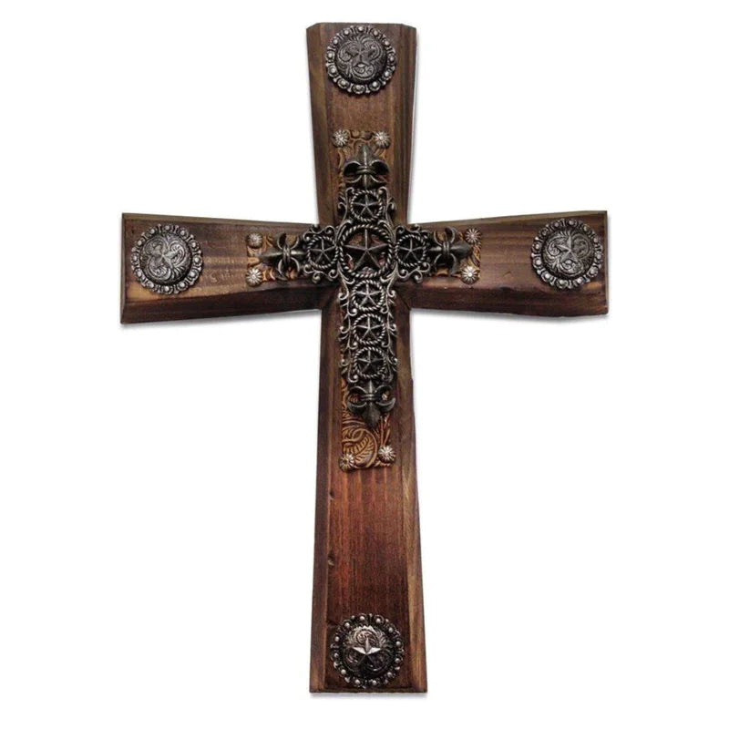 WOOD CROSS WALL DECOR W/ STAR & CONCHO OVERLAY