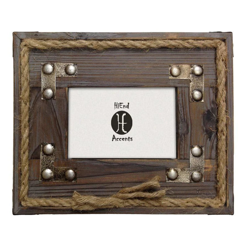WOOD W/ METAL STRIPES & ROPE PICTURE FRAME